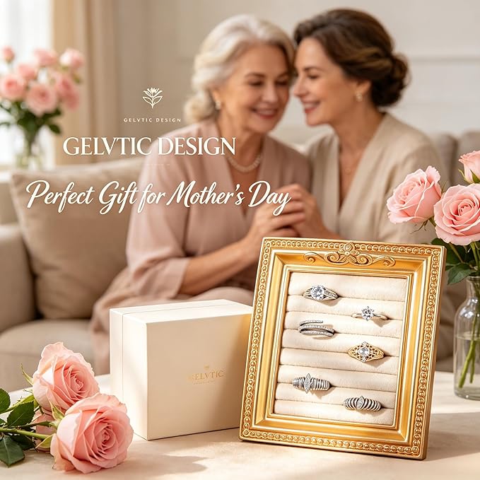 Vintage Ring Holder Rectangle Gold Velvet Display Stand - Baroque Jewelry Organizer Box Tray for Wedding Engagement Anniversary Women Birthday Christmas Gift Photograph Prop (MPF05-Gold Beige)