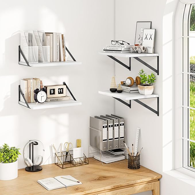 Heimlove 12 Inch Deep Floating Shelves for Wall, 16W x 12D Wide White Floating Shelves Heavy Duty Wall Mounted Shelves, Wood Wall Shelves for Living Room Bedroom Bathroom Kitchen- Set of 4