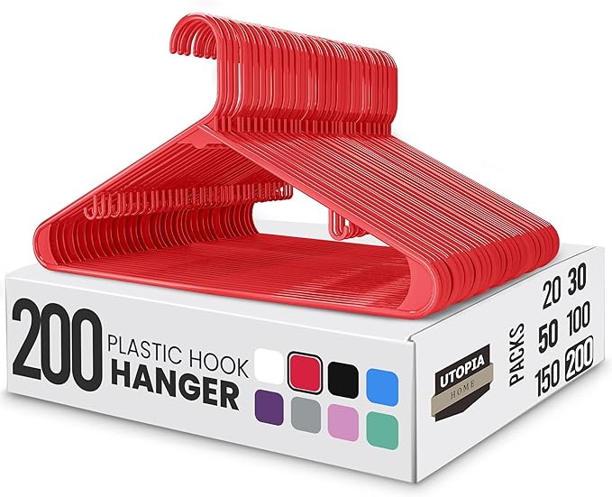 Utopia Home Plastic Hangers 200 Pack - Clothes Hanger with Hooks - Durable & Space Saving (Red)