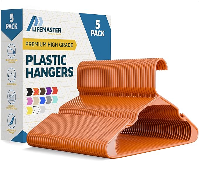 Lifemaster Plastic Clothes Hangers – Heavy Duty Hanger Set, for Organizing Clothes, Dresses, and Coat, Holds Up to 5 lbs, Space-Saving Hangers with Non-Slip Shoulder Grooves, Pack of 5, Orange