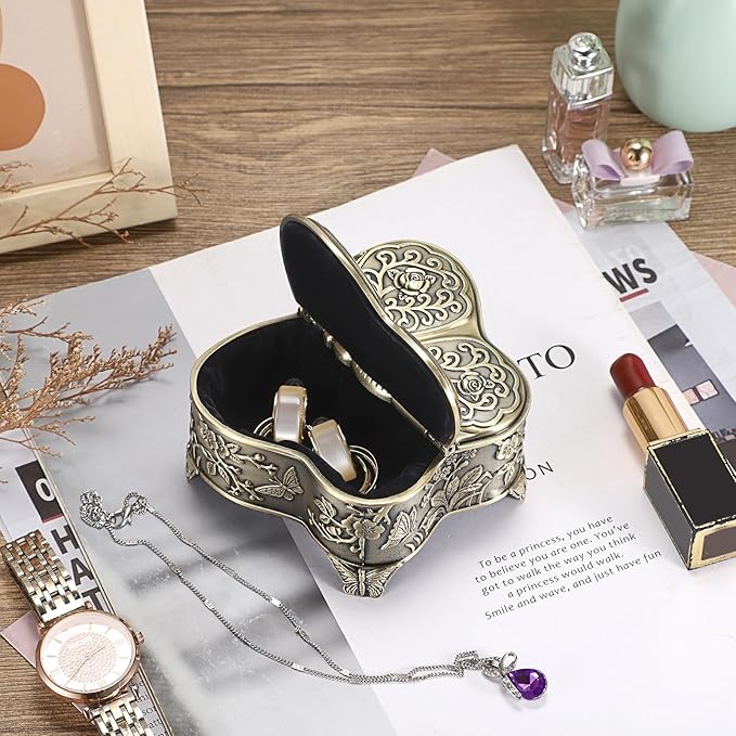 Hipiwe Vintage Metal Jewelry Trinket Box - Butterfly Shape Jewelry Organizer Treasure Chest Ring Holder Earrings Necklace Storage Box Keepsake Box,Brozne,Medium