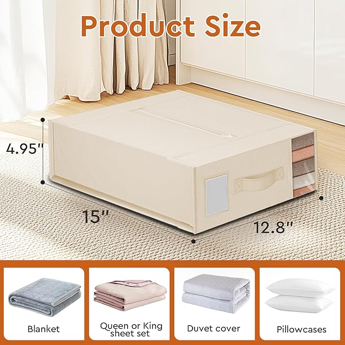 StorageTastic 8 Pack Bed Sheet Closet Organizers and Storage,Sturdy Foldable Storage Containers with Window and Label,Storage and Organization for Bedding Sheets,Duvet Covers,Blankets (Beige)