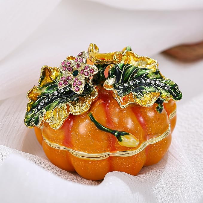 Hand Painted Fruit Trinket Box for Home Decor, Hinged Jewelry Organizer Storage, Unique Personalized Collectible Keepsake Figurine Handmade Decorative Ornament Gifts (Pumpkin)