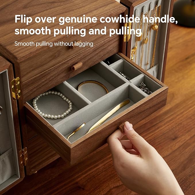 Black Walnut Wood Wooden Jewelry Box for Women, Large Velvet Lined Jewelry Organizer with 5 Drawers & Brass Feet, Earring Jewelry Box Organizer, Traditional Chinese Pattern Handles