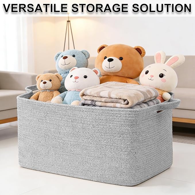 96L Large Blanket Basket,24"x16"x15"Rectangle Storage Bin with Handles,Woven Rope Laundry Basket for Toys, Clothes,Magazines,Home Organization,Nursery,Living Room & Bedroom,Grey
