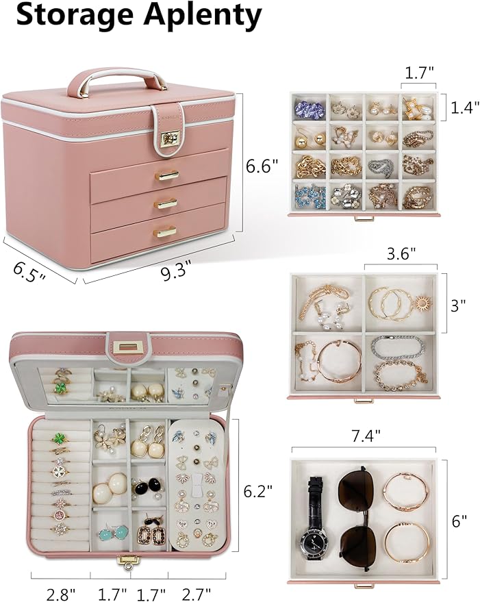 KAMIER Jewelry Organizer Box for Women - 4 Layer Drawer Jewellery Storage with Lock and Mirror - Jewelry Case for Necklaces Rings Bracelets Earring Holder Organizers (Pink)