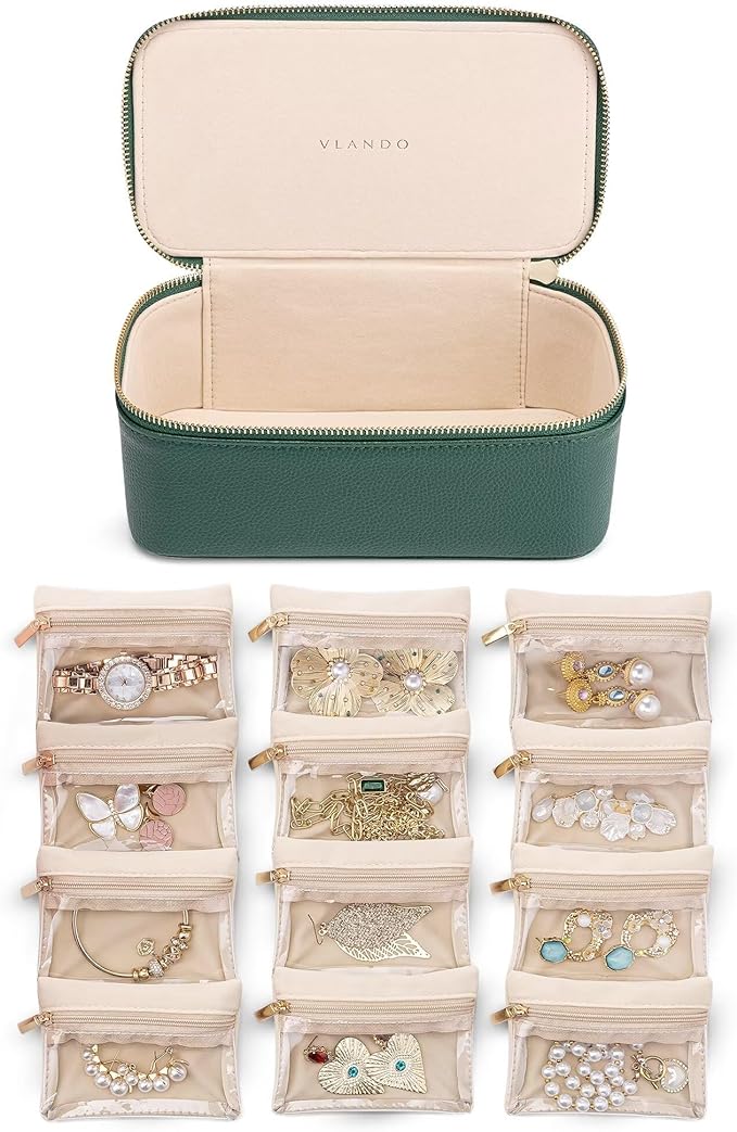 VLANDO Jewelry Travel Case,Travel Jewelry Organizer with Clear Velvet Jewelry Bags 12Pcs Zipper Pouch for Women Girl Gift-Green