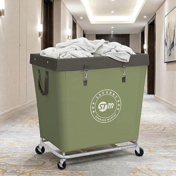 STORAGE MANIAC Commercial Laundry Hamper with Heavy Duty Steel Frame, 320 L Industrial Laundry Basket Cart with Wheels for Hotel, Home, Laundry Room, 31.7''L x 19.3''W x 30.91''H, Large Green
