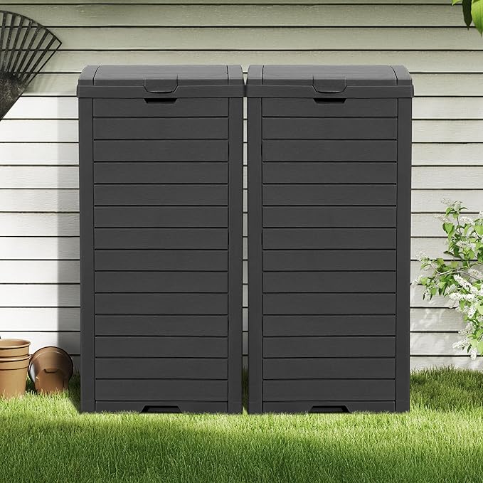 DWVO 38 Gallon Large Outdoor Trash Can, 2-Pack Waterproof Resin Hideaway Garbage Bin with Lid and Drip Tray, Outside Trash Bin for Porch, Backyard, Deck, Patio, Poolside, Easy to Clean, Black
