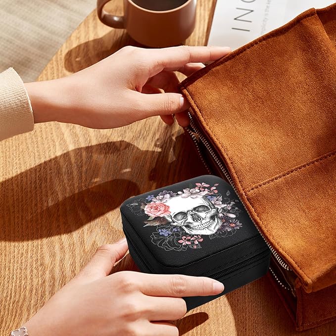 Skull Sugar Flowers Black Jewelry Box Portable Travel Jewelry Case Jewellery Organizer Storage Travel Essentials Earrings Box Ring Case Halloween Gifts for Women Girlboo Basket Stuffers