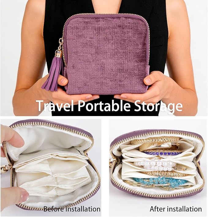 ASINGYER Travel Jewelry Storage Bag for Women, Velvet Portable Jewelry Organizer with Tassel Zipper, Small Pouches for Bracelets Necklaces Rings Earrings, Wedding Gift for Women (purple)