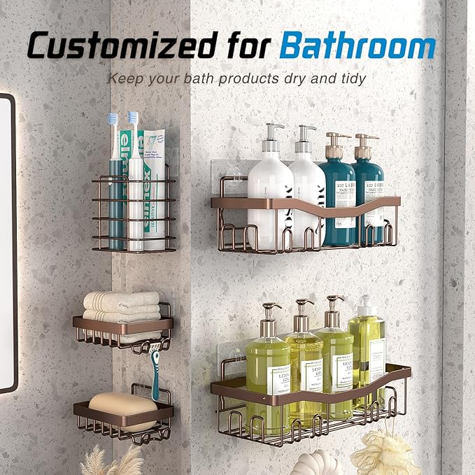 Youvip Adhesive Shower Caddy, No Drilling Bath Organizers 5 Pack, Rustproof Shelves with Soap Holder & Toothbrush Holder, Bathroom Organizers and Storage, Bronze