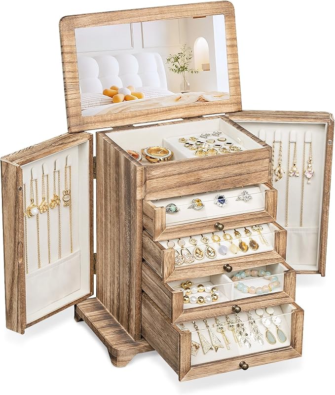 Large Jewelry Box & Organizer for Women, Wooden Jewelry Storage with 4 Transparent Drawers, Holds Necklaces, Rings, Bracelets, Earrings and Watches(Brown)