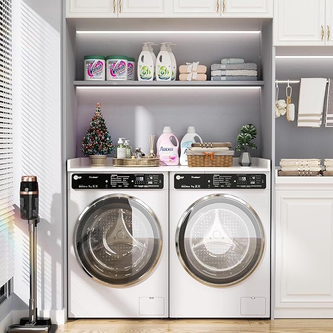 Aheaplus Washer and Dryer Countertop, Laundry Room Organization with Non-Slip Pads, Wood Shelf Topper with Round Corner Edge Rails, Folding Organizer for Laundry, 54" W x 27.5" D, White