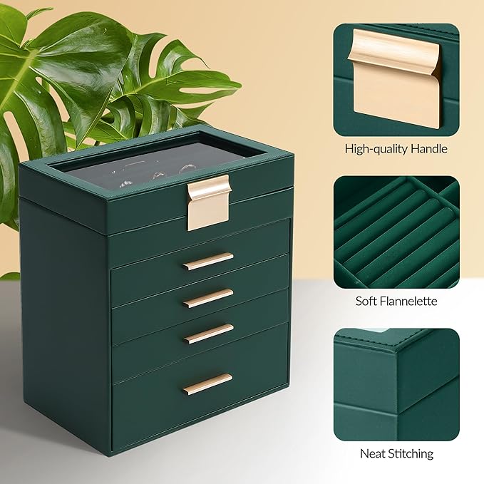 Somduy Jewelry Box, 5 Layers Jewelry Storage Display Box with Glass Lid for Women, 4 Drawers,Large Capacity for Necklace Earrings Bracelets Rings, Green