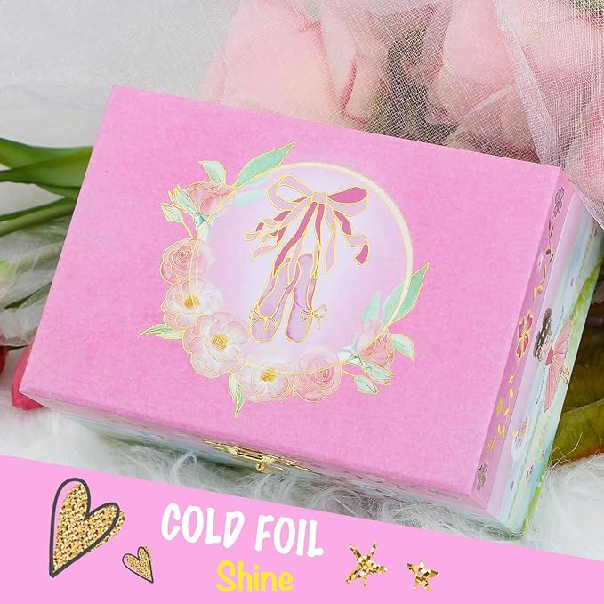 Kids Musical Jewelry Box for Girls- Glitter Storage Box and Jewelry Set- Ballet Birthday Gifts for Little Girls, Ballerina Theme - Swan Lake Tune Pink， 6 x 4.7 x 3.5 in - Ages 3-10