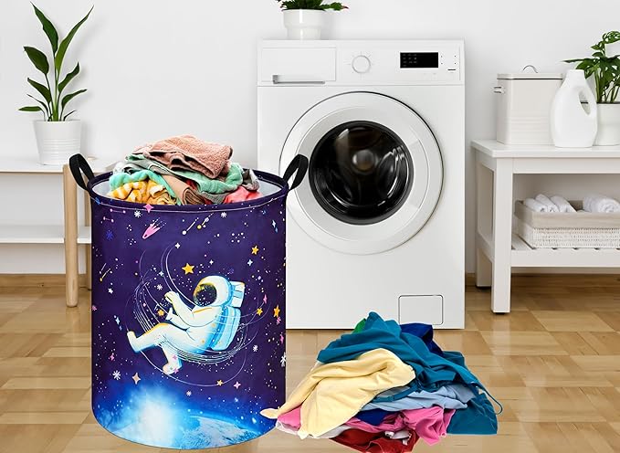 Collapsible Kids Laundry Basket Clothes Hamper, Foldable Storage Organizer Bin, Toy Clothes Storage with Handles for Boys Girls Bedroom, Room Decor Astronaut