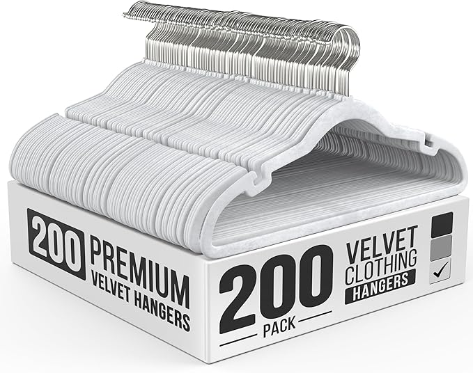 Our Modern Space 200 Pack Velvet Hanger for Shirt Pants Dresses Skirts Suits Jackets - Slim Space Saving Design - Standard Coat Hanger - Sturdy & Durable Design with Shoulder Grooves Hook