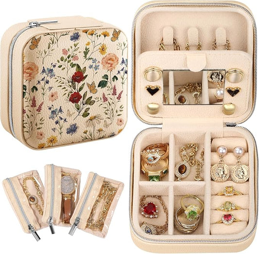 Bistup Travel Jewelry Case - Small Jewelry Organizers and Storage Box for Women Girls Teens Cute Traveling Jewelry Holder with Mirror Little Tiny Compact Flower Floral Modern Unique Aesthetic Pretty