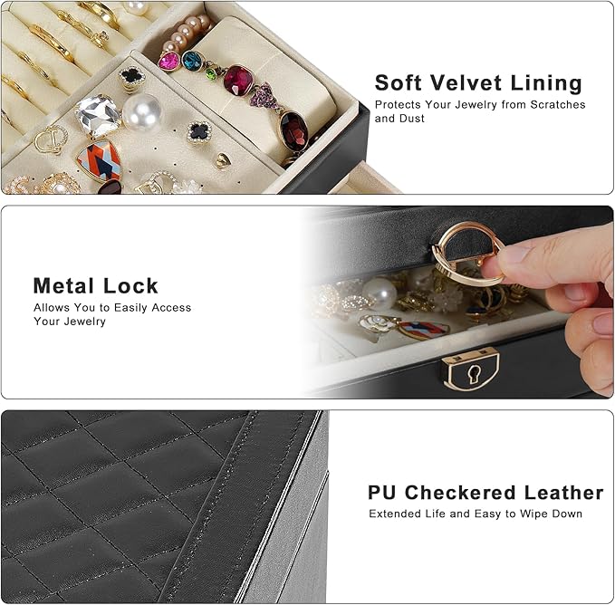3-Layer Jewelry Box for Women, Jewelry Organizers and Storage with Removable Jewelry Tray, Vintage Quilted Top Lockable Jewelry Holder Gift Idea Black