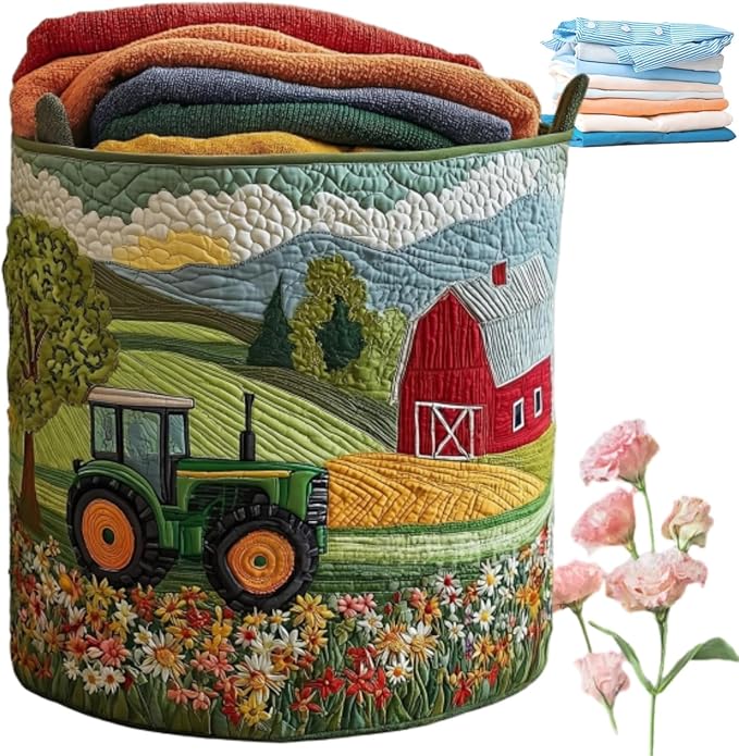 Quilted Laundry Basket with Handles, Boho Floral Fabric Storage Hamper, Large Soft Quilted Laundry Basket for Nursery, Bedroom, Laundry Room,Clothes & Toys (I, S)