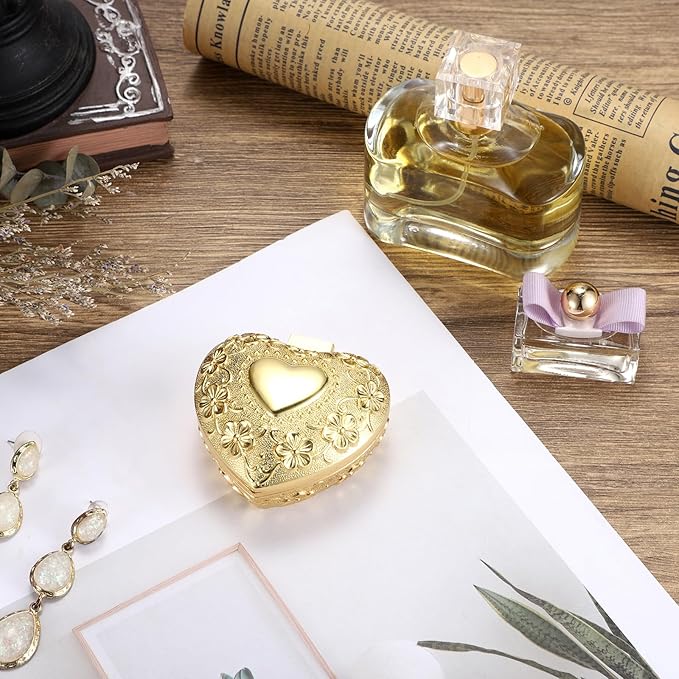 Hipiwe Vintage Jewelry Box Heart Shape Trinket Chest Metal Gold Treasure Storage Case for Rings Earrings Necklace Keepsake Organizer Gift for Woman