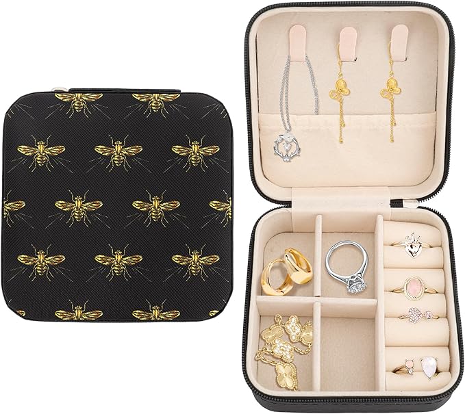 Gold Insect BlackPortable Jewelry Box Travel Jewelry Case Jewellery Organizer Small Jewellery Box for Women Men Boy Girl Earring Organizer Ring Storage Christmas Birthday Valentines Gift