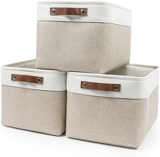 Bagnizer Storage Bins Large Fabric Storage Baskets for Shelves 3 Pack, Decorative Linen Closet Baskets with Handles for Organizing, Shelf, Clothes, Home, Office, 15x11x9.5Inches (Beige&White)