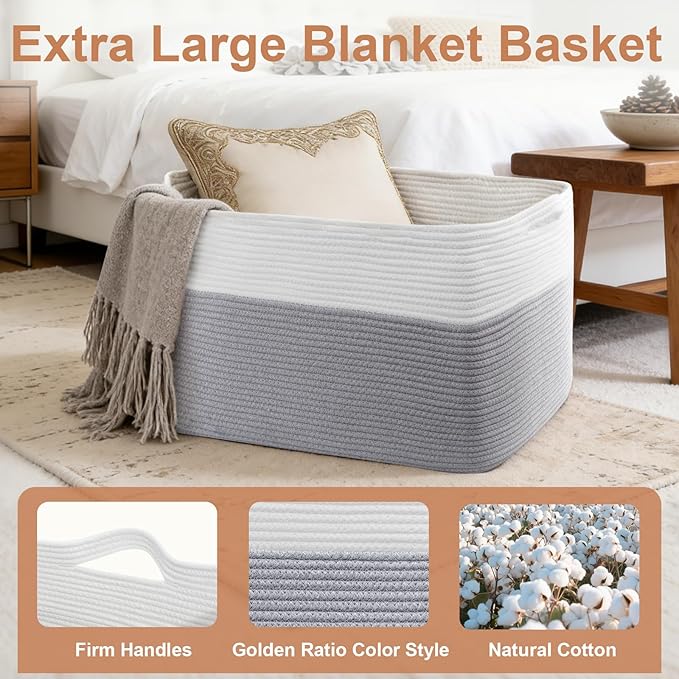 75L Large Blanket Basket, Rectangular Cotton Rope Basket, Laundry Hamper for Blankets, Pillows, Extra Large Toys Storage Bins for Kids, Dogs 22" x 17" x 12", White & Gray