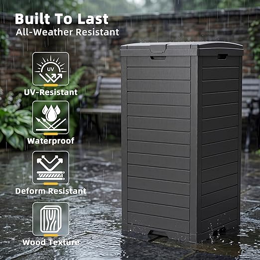 EFU 38 Gallon Outdoor Trash Can with Lid & Drip Tray, Waterproof Garbage Can for Patio Backyard Deck Porch, Heavy Duty Waste Container Bin，Black