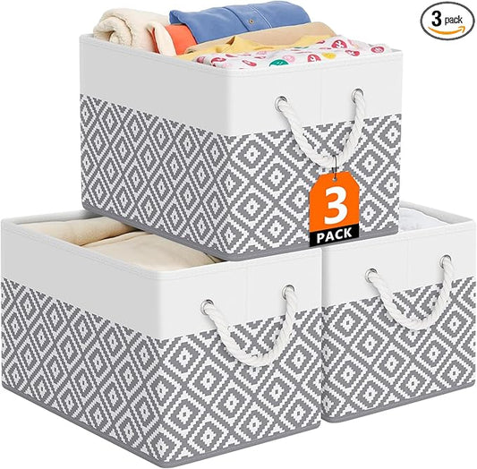 StorageTastic Storage Bins, 3-Pack Large Storage Box with Rope Handles, Collapsible Storage Basket for Organizing Books, Clothes, Rhombic Grey