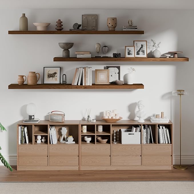 ROGMARS 72 Inches Long Walnut Floating Shelves,Rustic Solid Wood Farmhouse Wall Shelves with Invisible Brackets for Bathroom, Living Room, Bedroom, Kitchen Set of 3