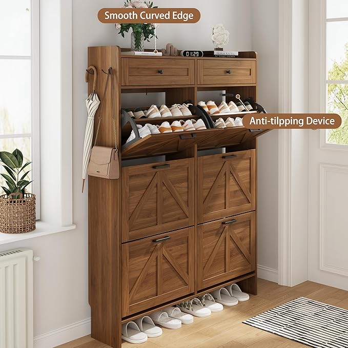 Shoe Cabinet with 6 Flip Drawers & 2 Top Drawers, 57" Tall Freestanding Narrow Wooden Shoe Storage Organizer for Entryway, Hidden Slim Shoe Rack for Front Door Entrance, Hallway, Living Room, Walnut