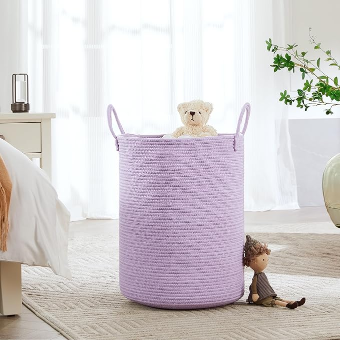 60L Large Purple Laundry Hamper Basket for Nursery Kids Tall Lavender Blanket Basket for Girls Cotton Rope Lilac Clothes Hamper in Bedroom 15Dx20H inches