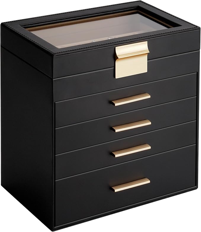 Somduy Jewelry Box, 5 Layers Jewelry Storage Display Box with Glass Lid for Women, 4 Drawers,Large Capacity for Necklace Earrings Bracelets Rings, Black