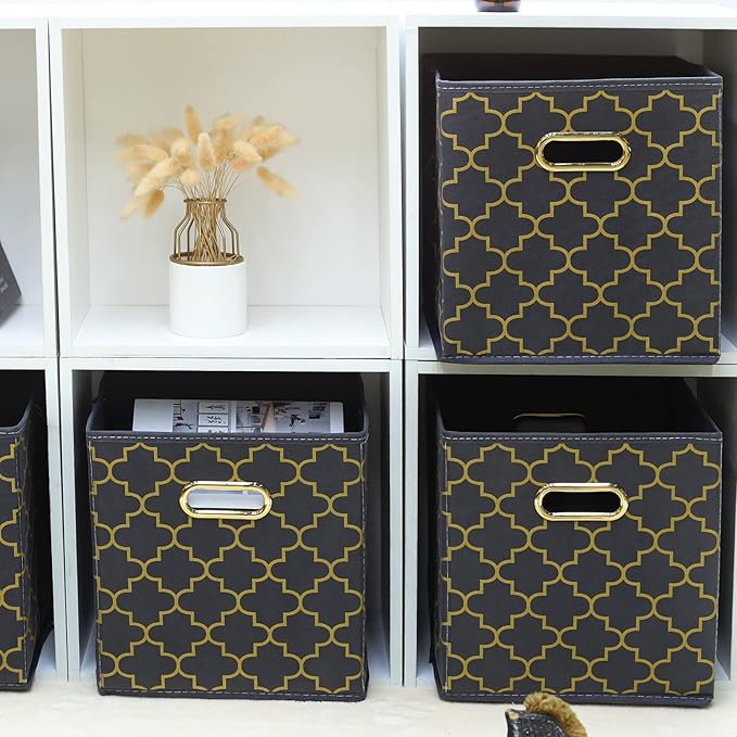 Fabric storage bins Cubes, Fabric Cube Organizer with Handle, Foldable Cube Bins for Cloth or Accessary Storage, 11x11x11, Set of 3, (Grey Gold)