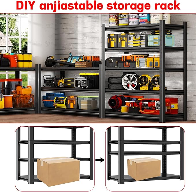 Metal Garage Shelving Unit, Heavy Duty 5-Tier Adjustable Storage Rack, Steel Shelving, 3020 lbs Capacity, Industrial Shelves for Heavy Tools and Equipment, Ideal for Garage, Basement, Black, 77"