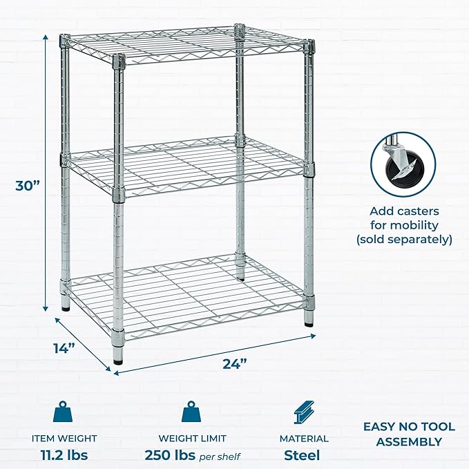 Honey-Can-Do 3-Tier Heavy Duty Adjustable Shelving Unit, 250-lb Per Shelf Metal Storage Rack, Wire Shelf for Kitchen Garage Pantry Closet, Chrome, 24 x 14 x 30 in