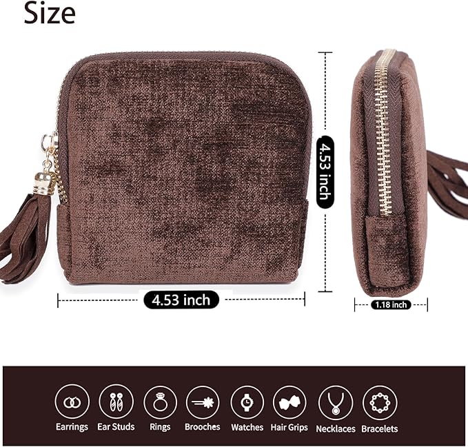 ASINGYER Travel Jewelry Storage Bag for Women, Velvet Portable Jewelry Organizer with Tassel Zipper, Small Pouches for Bracelets Necklaces Rings Earrings, Wedding Gift for Women (coffee brown)