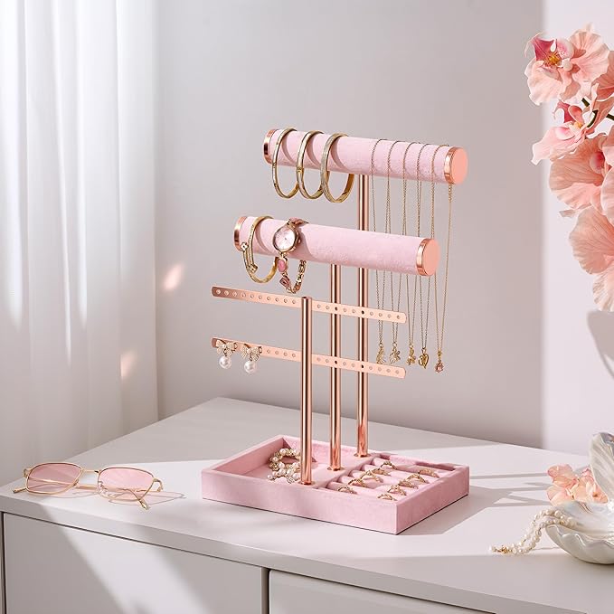 bussdis 3 Tier Bracelet Holder Display - Detachable T Bar Pink Velvet Bracelet Holder, Jewelry Holder Organizer for Bracelet, Necklace, Earrings, Rings