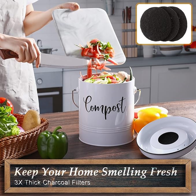 DAYYET Compost Bin Kitchen, 1.3 Gallon Farmhouse Kitchen Compost Bin Countertop, Indoor Countertop Compost Bucket with Lid and Charcoal Filters, White