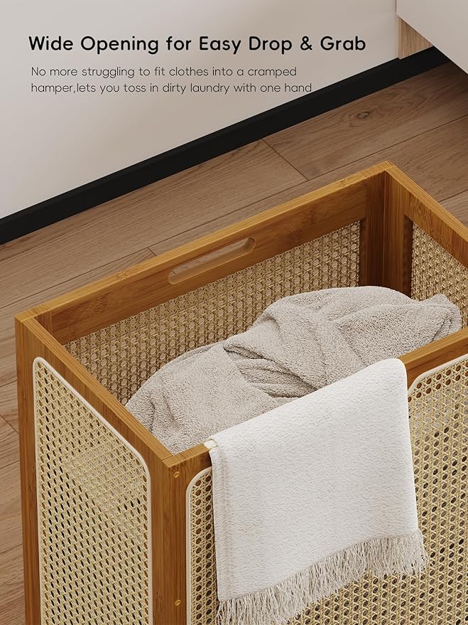 Laundry Hamper with Wheels, Decorative Boho Rattan Laundry Baskets, 90L Large Bamboo Dirty Clothes Basket Organizer, Rolling Wicker Laundry Hampers for Bathroom,Bedroom