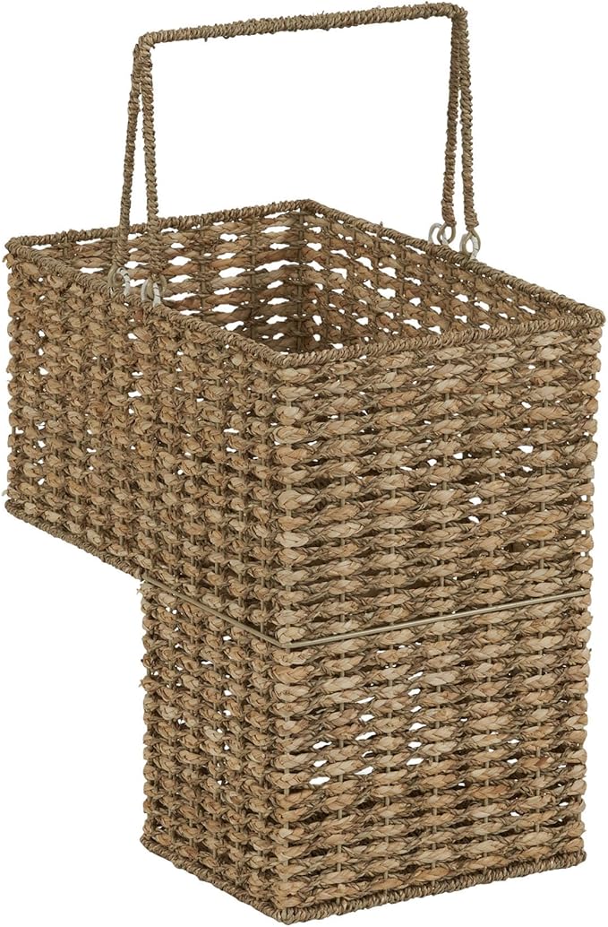 Household Essentials Wicker Stair Basket, Wicker Step Organizer with Handles, Use to Collect and Transport Items from Floor to Floor