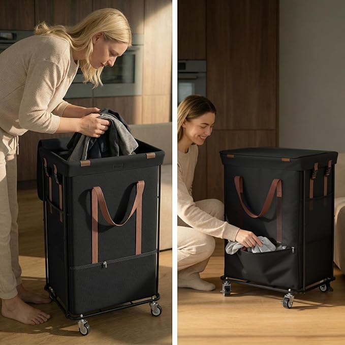Double Laundry Hamper with Lid, Rolling Laundry Basket with Wheels and 2 Removable 75L Bags, 2 Section Large Capacity for Laundry Bedroom Bathroom Dorm, Easy Move & Organize,150L Black