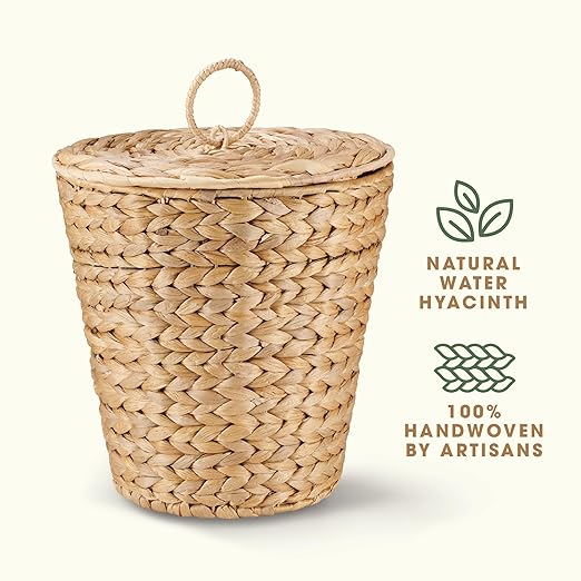 84ECO 3 Gallon Wicker Trash Can with Liner and Lid - Rattan Trash Can - Wicker Waste Basket for Bathroom, Bedroom, Kitchen, Living Room