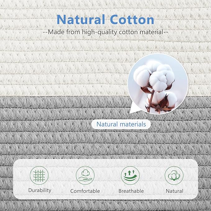 ECDYQXVU Cotton Rope Storage Baskets,15x10x9 in,Foldable Storage Bins, Decorative Woven Basket Cube Storage Organizer for Laundry, Towel, Clothes (White/Grey-3Pack, 15x10x9 inches)