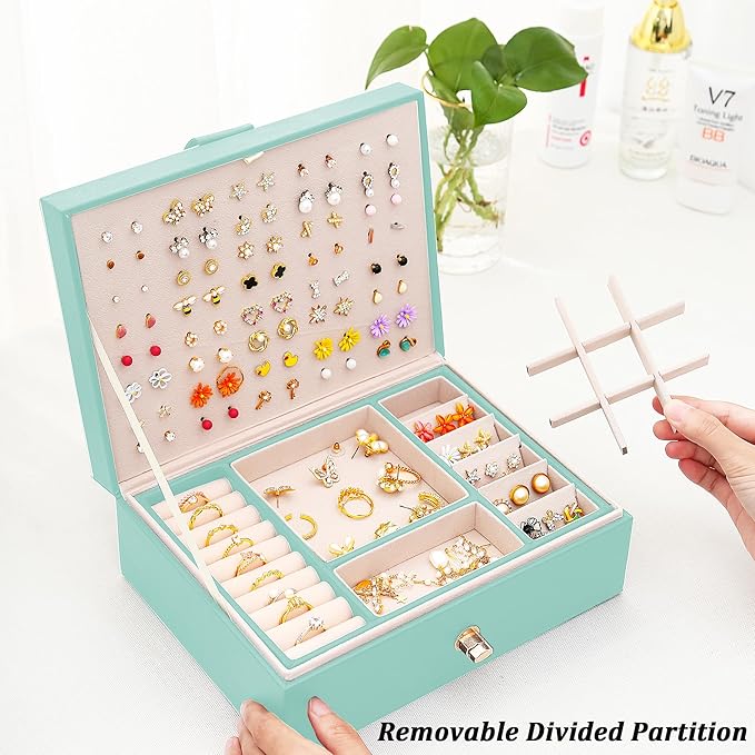 Earrings Jewelry Box for Girls, Large Capacity Jewelry Organizer with 40-Pair Earring Board, 2-Layer Leather Jewelry Storage Box for Necklaces Rings Bracelets with Removable Tray(Gift Idea),Turqueoise