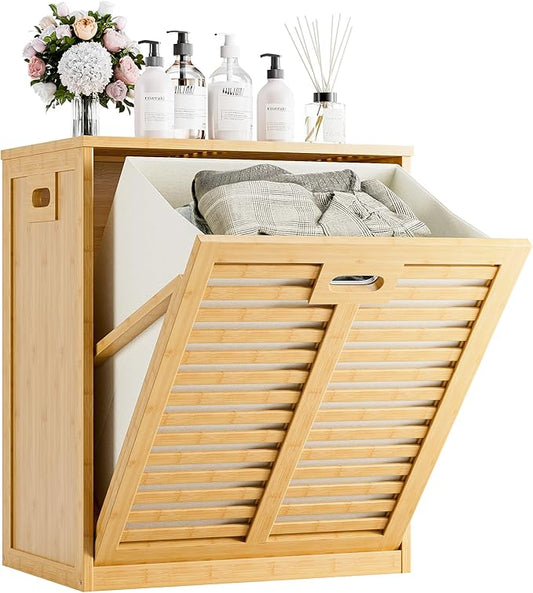 HITNET Tilt Out Laundry Hamper, Bamboo Laundry Cabinet with Hidden Removable Basket, Freestanding Clothes Storage organizer for Bedroom, Bathroom, Living Room, Natural
