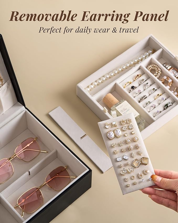 pickpiff 2 Layer Jewelry Box Organizer for Women, Jewelry Organizer with Handle & Removable Tray, Necklace Holder Ring Earring Storage, Velvet Lined Jewelry Case for Home or Travel, Gift Ready, Black