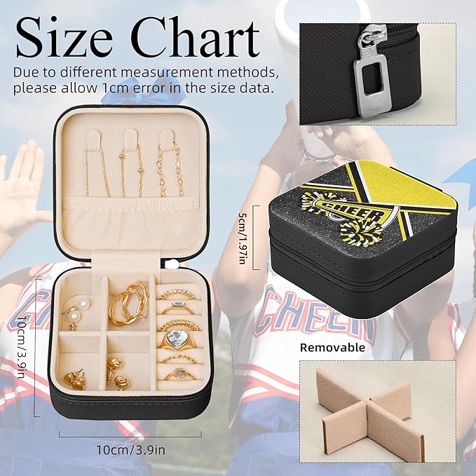Cheerleader Travel Jewelry Case, Cheer Travel Jewelry Box for Women, Mini Jewelry Travel Case for Cheer Team, Cheerleader Gifts for Girls (Gold)